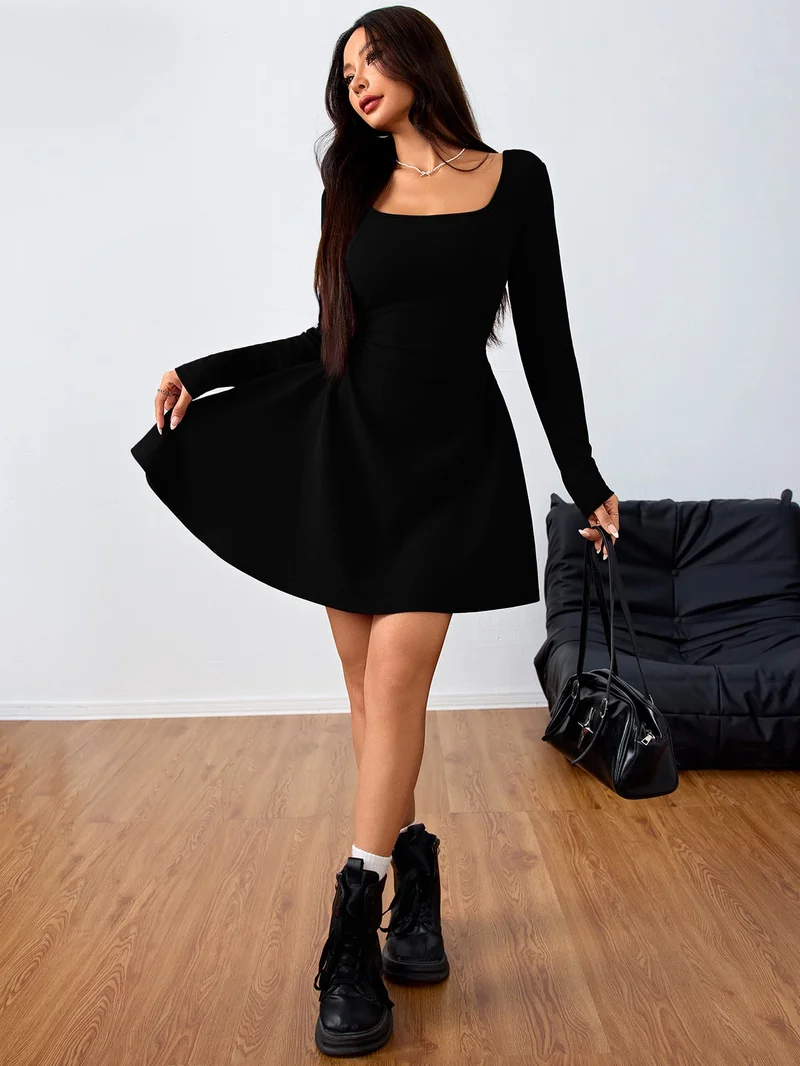 OUTZIDR Black Full Sleeve Fitted Dress
